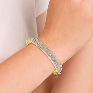Macy’s Gold and Silver Greek Key Diamond Accent Hinged Bangle Bracelet NWOT